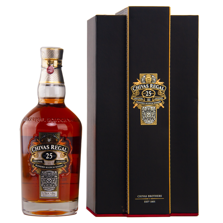 A bottle of Chivas Regal 25 Year Old Blended Scotch Whisky stands beside its black and gold presentation box, featuring a matching black and gold label with "25" and ornate detailing.
