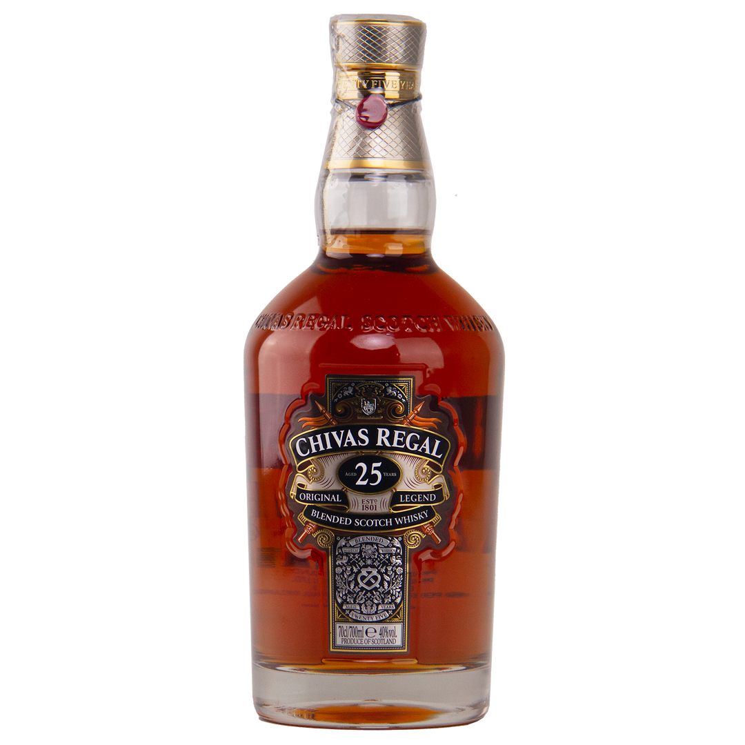 A bottle of Chivas Regal 25 Year Old Blended Scotch Whisky featuring a gold and black label and cork-sealed neck, filled with amber-hued 25-year-old Scotch whisky.