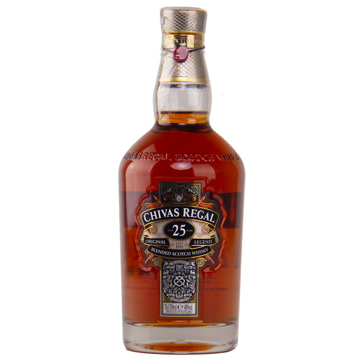 A bottle of Chivas Regal 25 Year Old Blended Scotch Whisky featuring a gold and black label and cork-sealed neck, filled with amber-hued 25-year-old Scotch whisky.