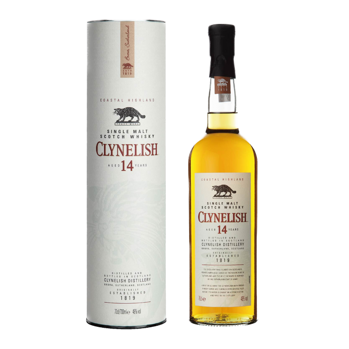 A bottle of Clynelish 14 Year Old Single Malt Whisky stands beside its cream, cylindrical box, both displaying a black wildcat logo with classic red and black text.