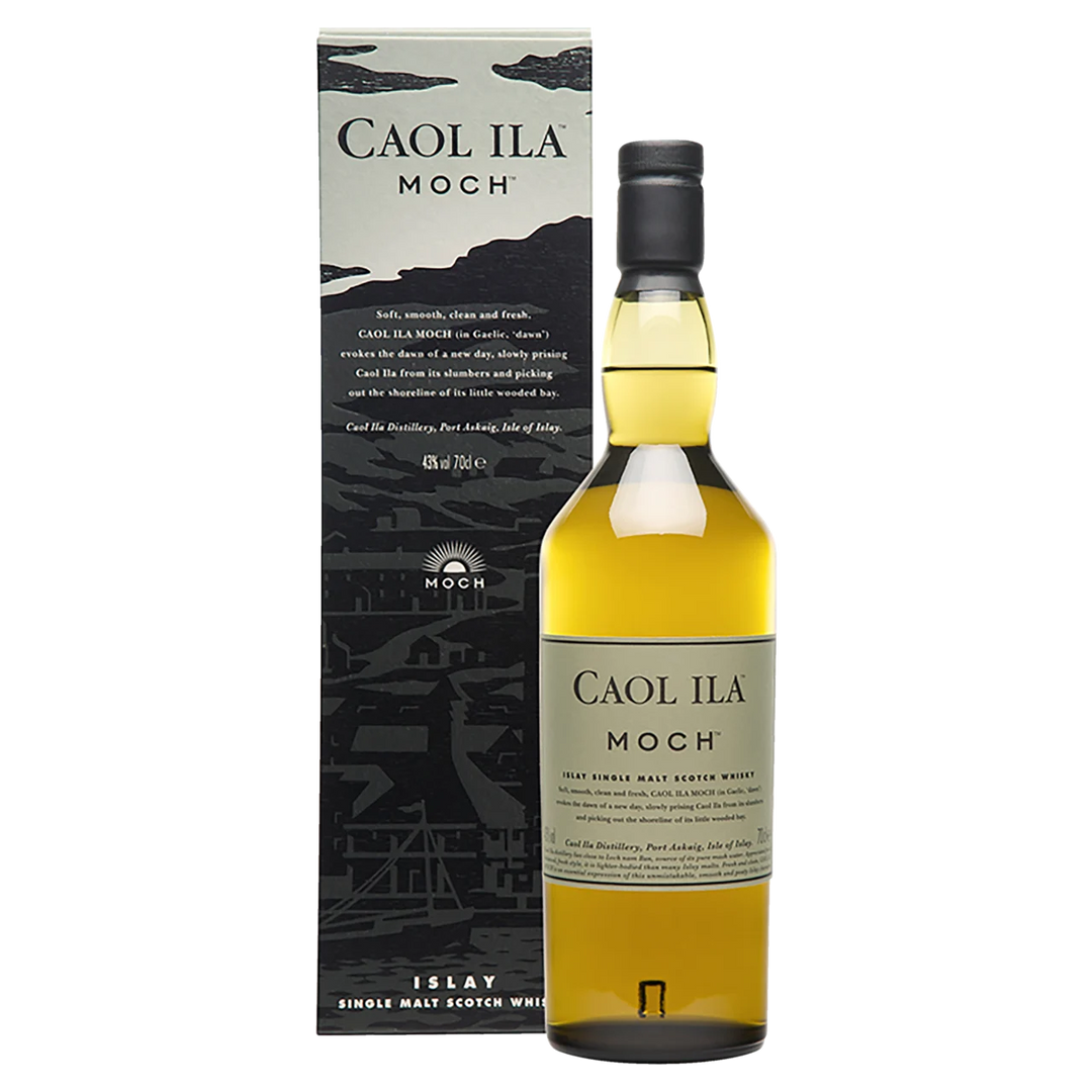 A bottle of Caol Ila Moch Single Malt Scotch Whisky stands before its box, which features dark Islay landscape art. The label shows the brand and product name in bold, clear text.