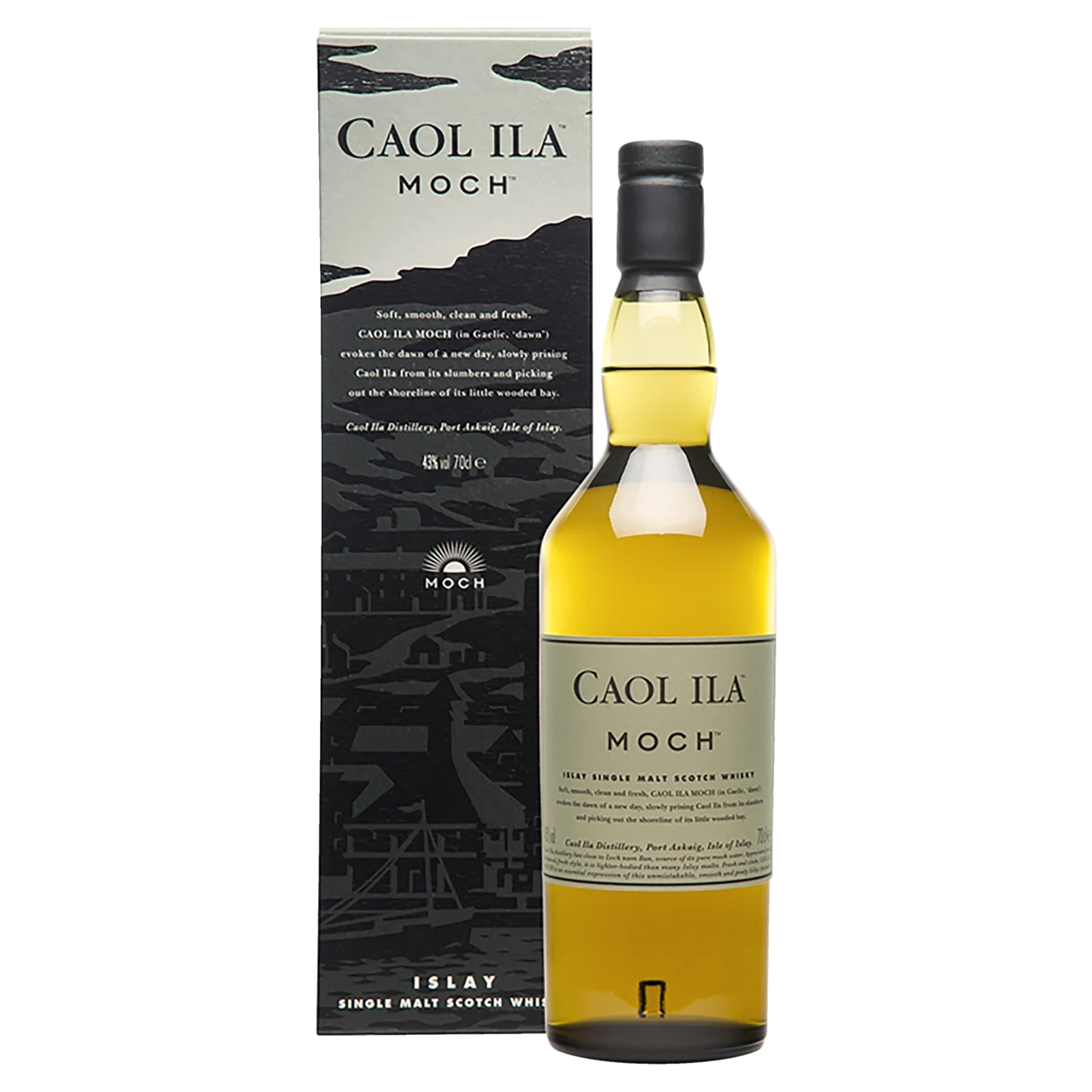 A bottle of Caol Ila Moch Single Malt Scotch Whisky stands before its box, which features dark Islay landscape art. The label shows the brand and product name in bold, clear text.