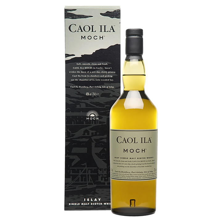 A bottle of Caol Ila Moch Single Malt Scotch Whisky stands before its box, which features dark Islay landscape art. The label shows the brand and product name in bold, clear text.