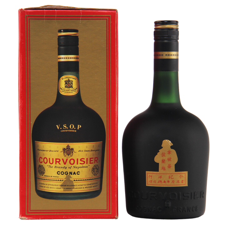 Courvoisier cognac bottle with red box on a white background