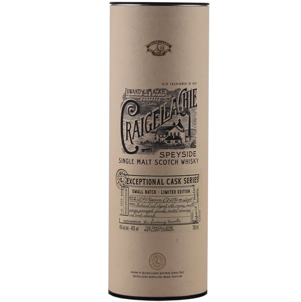 A beige cylindrical tube with black illustrations and text labeled Craigellachie Exceptional Cask Series, featuring distillery details, small batch info, and limited edition notes.