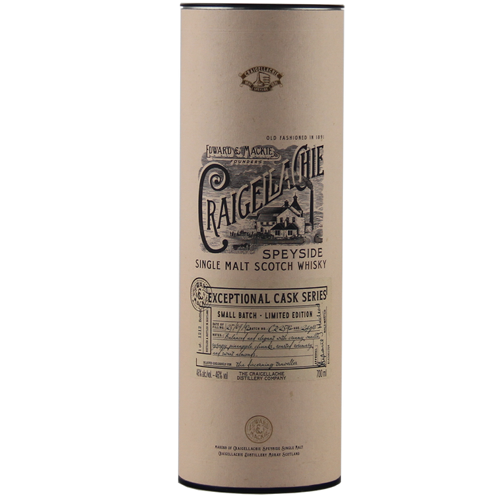 A beige cylindrical tube with black illustrations and text labeled Craigellachie Exceptional Cask Series, featuring distillery details, small batch info, and limited edition notes.