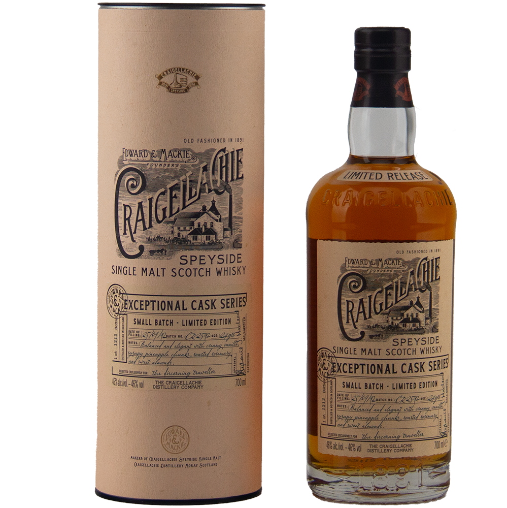 A bottle of Craigellachie Exceptional Cask Series stands beside its cylindrical box, both adorned with vintage-style beige and black labels.