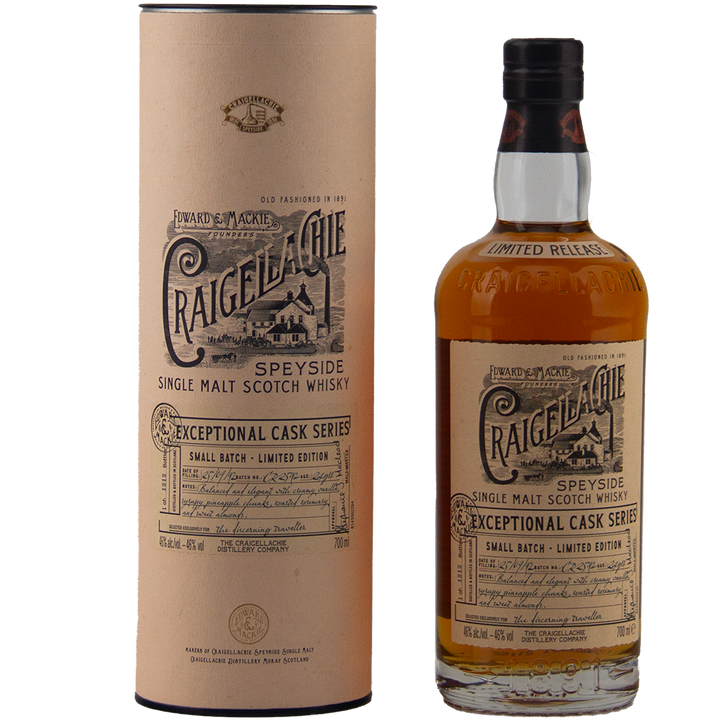 A bottle of Craigellachie Exceptional Cask Series stands beside its cylindrical box, both adorned with vintage-style beige and black labels.