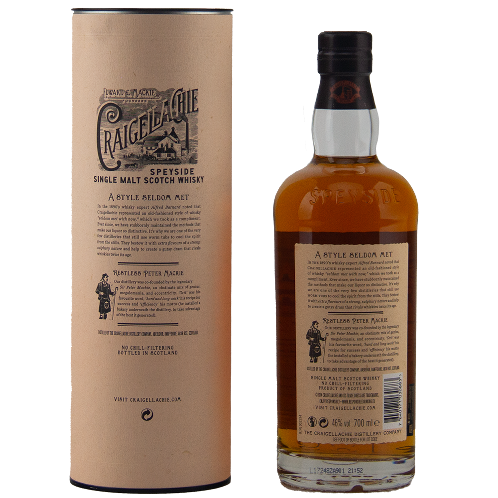 A bottle of Craigellachie Exceptional Cask Series is displayed beside its cylindrical packaging, both featuring detailed beige labels with black text and the series logo.