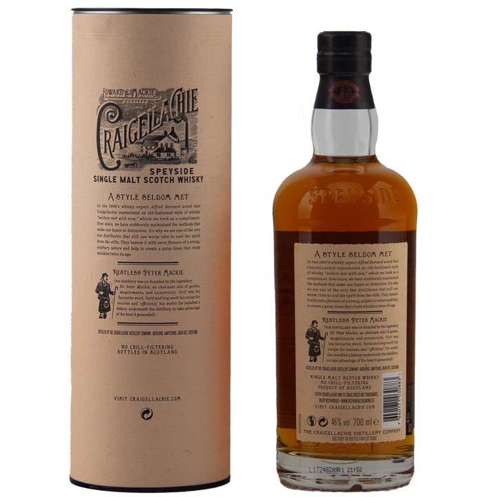 A bottle of Craigellachie Exceptional Cask Series is displayed beside its cylindrical packaging, both featuring detailed beige labels with black text and the series logo.