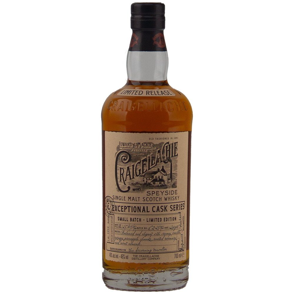 A bottle of Craigellachie Exceptional Cask Series Speyside single malt Scotch whisky, with a detailed cream label of black and gold text and a black cap.