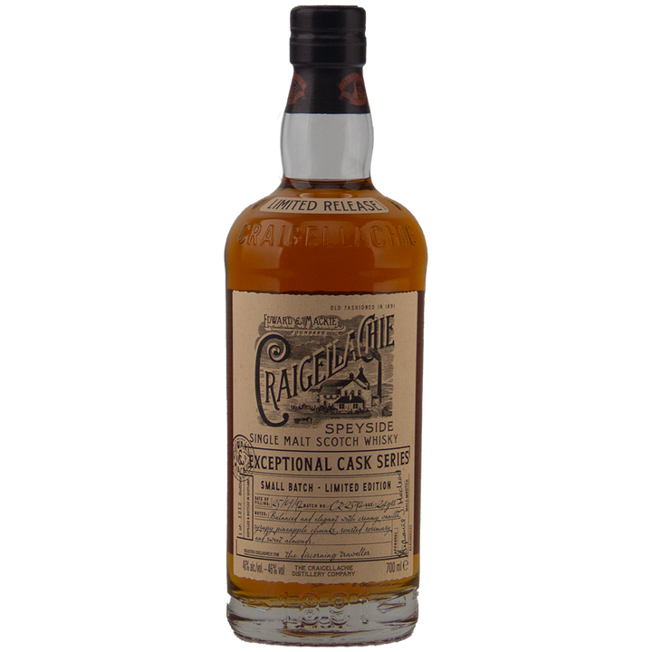 A bottle of Craigellachie Exceptional Cask Series Speyside single malt Scotch whisky, with a detailed cream label of black and gold text and a black cap.