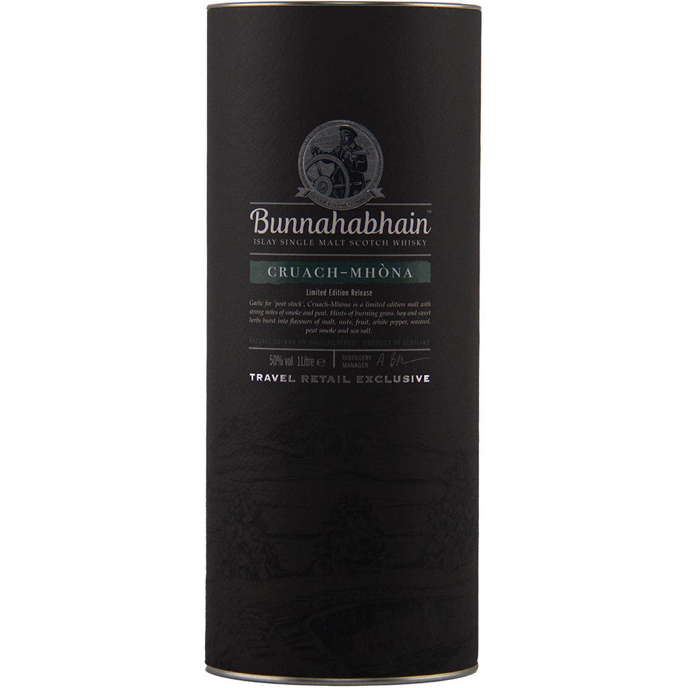 A black cylindrical container of Bunnahabhain Cruach Mhona Single Malt Scotch Whisky features silver text, a green label, a logo, and "Travel Retail Exclusive" marked at the bottom.