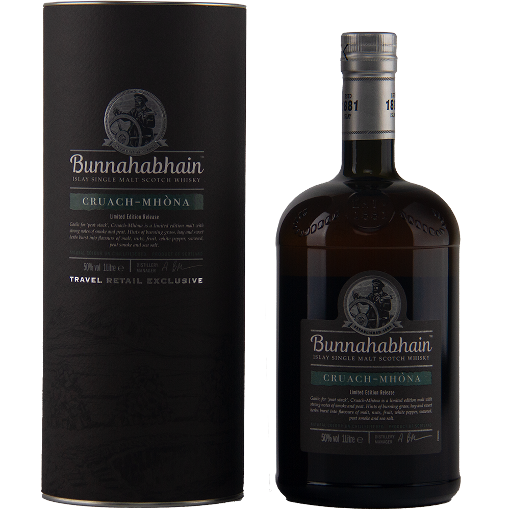 A dark bottle of Bunnahabhain Cruach Mhona Single Malt Scotch Whisky stands next to its tall black cylindrical box, both with matching white and green labels—this Islay whisky is celebrated for its rich peated character.