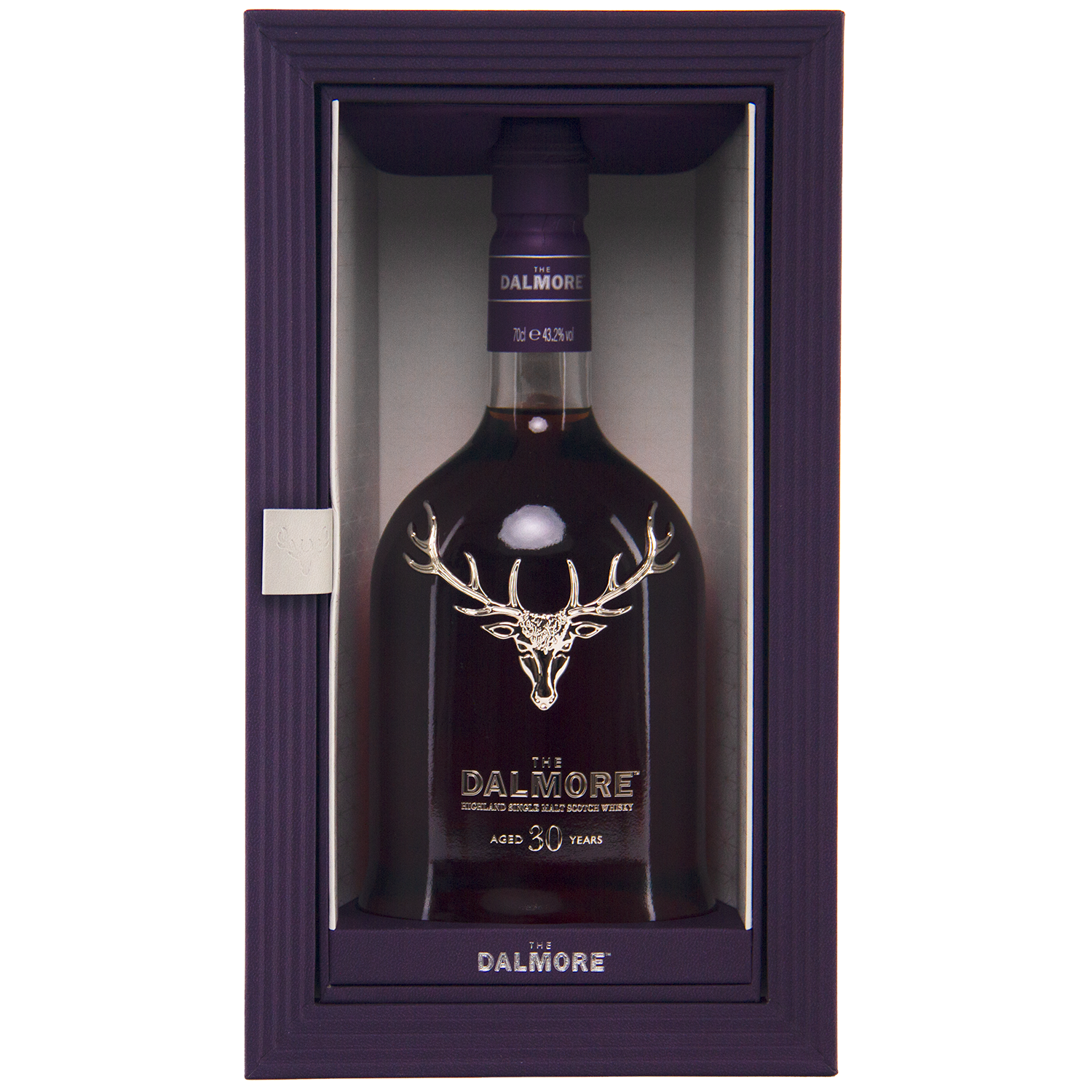 The Dalmore 30 Year Old Single Malt Scotch Whisky comes in a purple-framed box with a silver stag logo and elegant bottle text—an exceptional Highland single malt perfect for collectors.