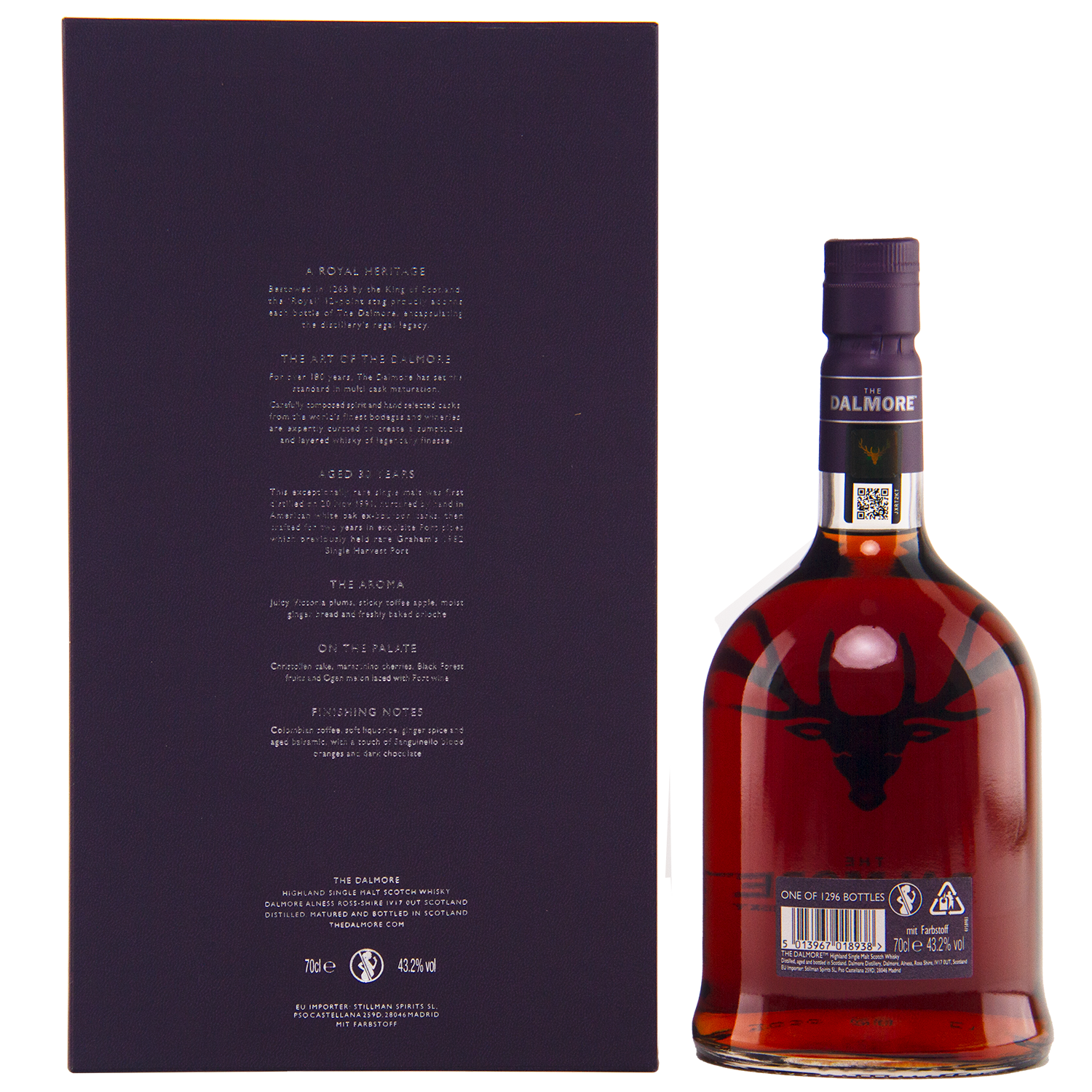 A bottle of The Dalmore 30 Year Old Single Malt Scotch with a dark cap and stag logo stands next to its tall, dark box with white back text—a luxurious whisky display.