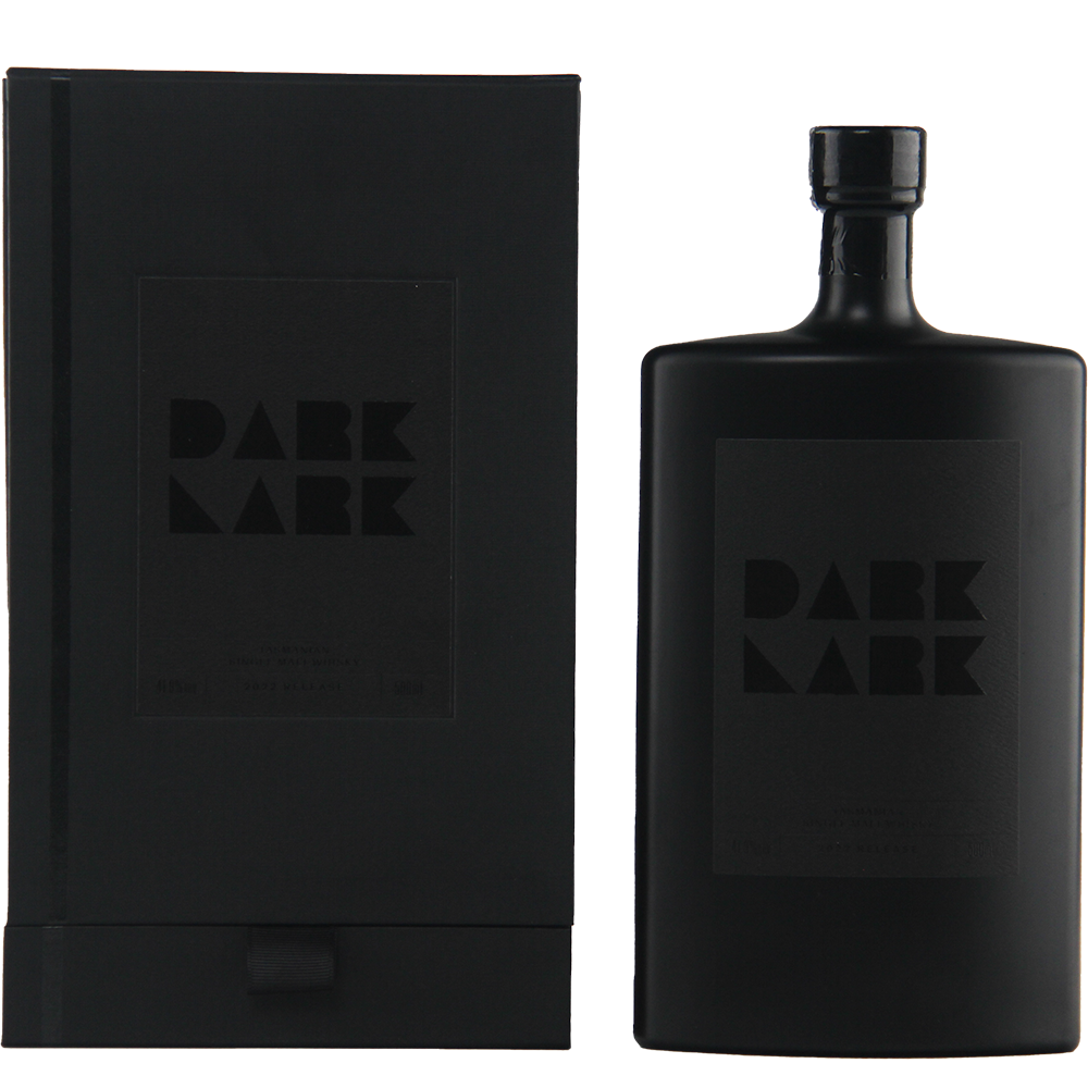 A matte black bottle labeled Lark Dark Lark 2022 Edition Australian Single Malt Whisky stands beside a matching box; their minimalist monochrome design exudes luxury on a plain white background.