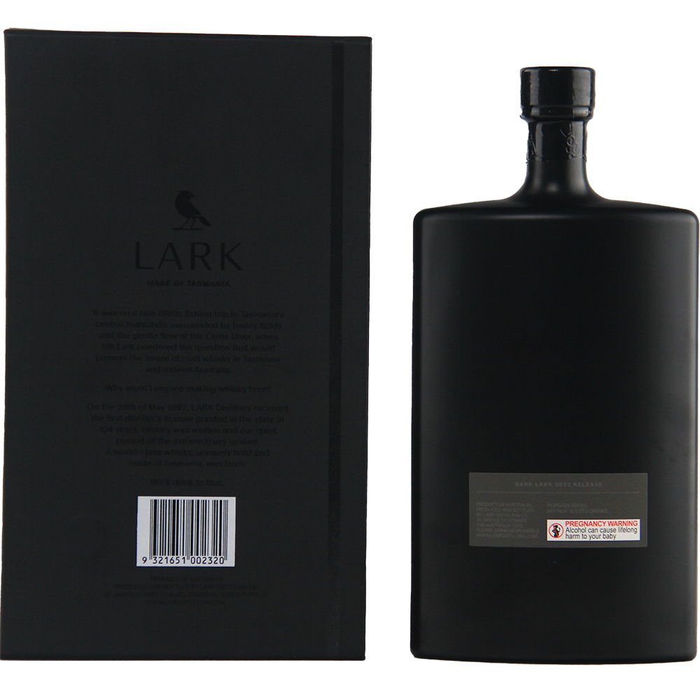A matte black bottle with a small label and a box featuring the Lark logo, product details, and barcode showcase the minimalist design of Lark Dark Lark 2022 Edition Australian Single Malt Whisky.