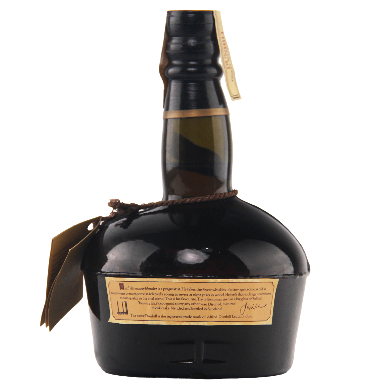 Whiskey bottle with a label on a white background