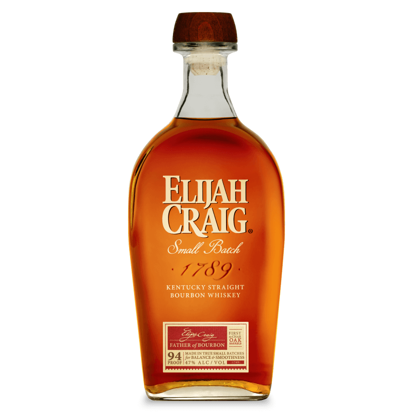 A bottle of Elijah Craig Small Batch Kentucky Straight Bourbon Whiskey with a wooden cap, amber liquid, and gold and red label text.