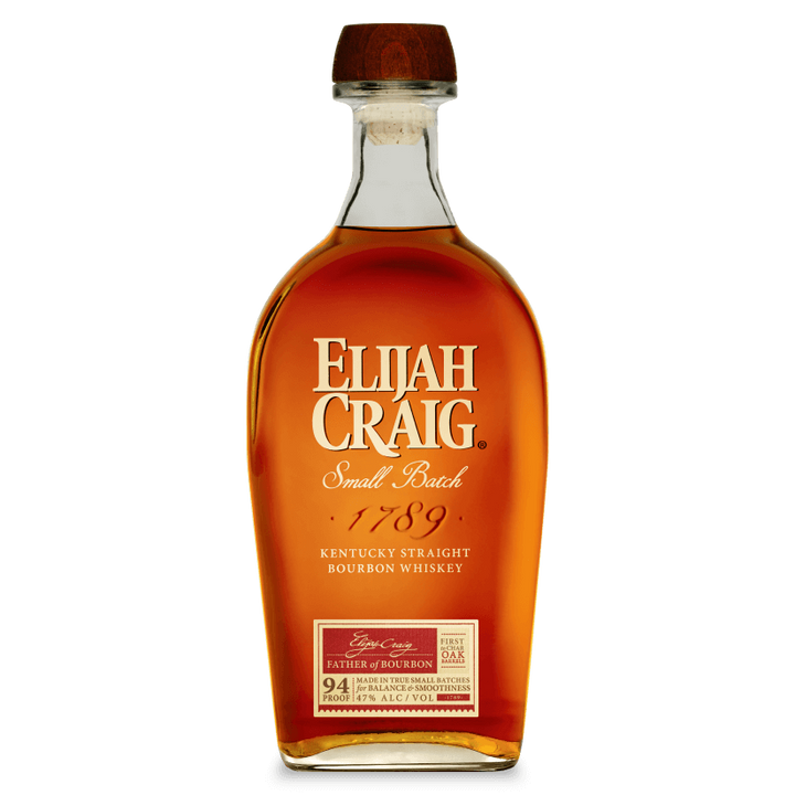 A bottle of Elijah Craig Small Batch Kentucky Straight Bourbon Whiskey with a wooden cap, amber liquid, and gold and red label text.