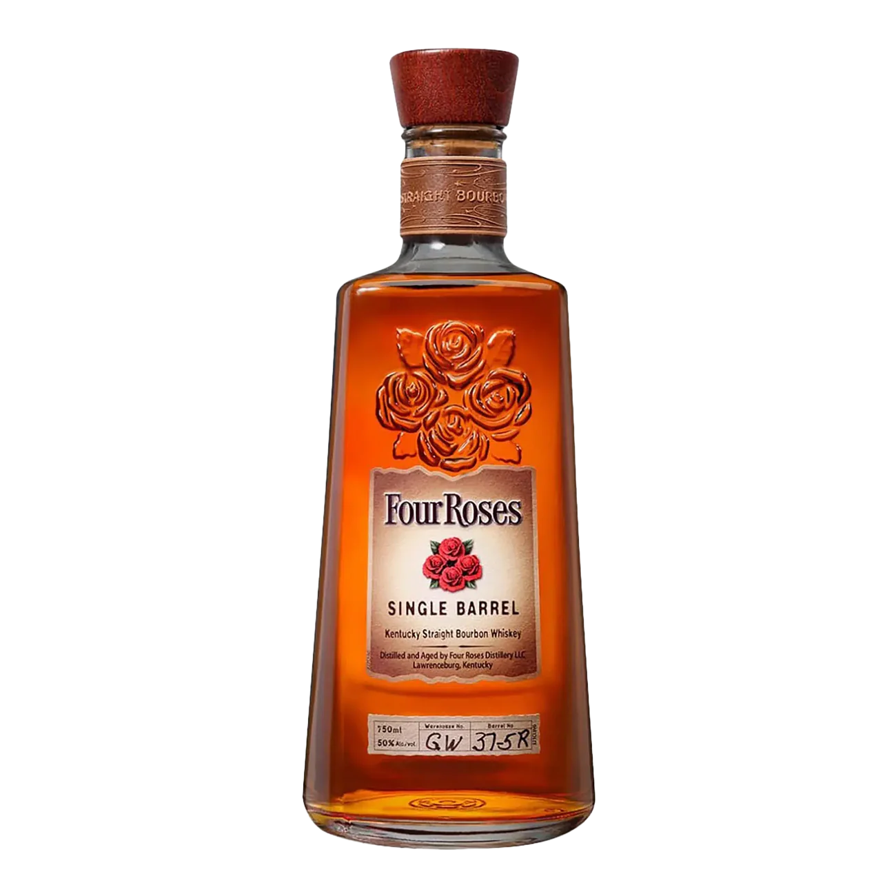 A bottle of Four Roses Single Barrel Bourbon Whiskey, 100 proof, featuring a wooden cap, gold-embossed roses, and a cream label with red roses plus black and red text.
