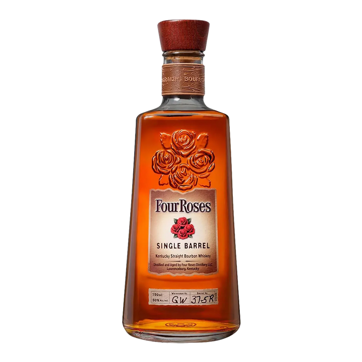 A bottle of Four Roses Single Barrel Bourbon Whiskey, 100 proof, featuring a wooden cap, gold-embossed roses, and a cream label with red roses plus black and red text.