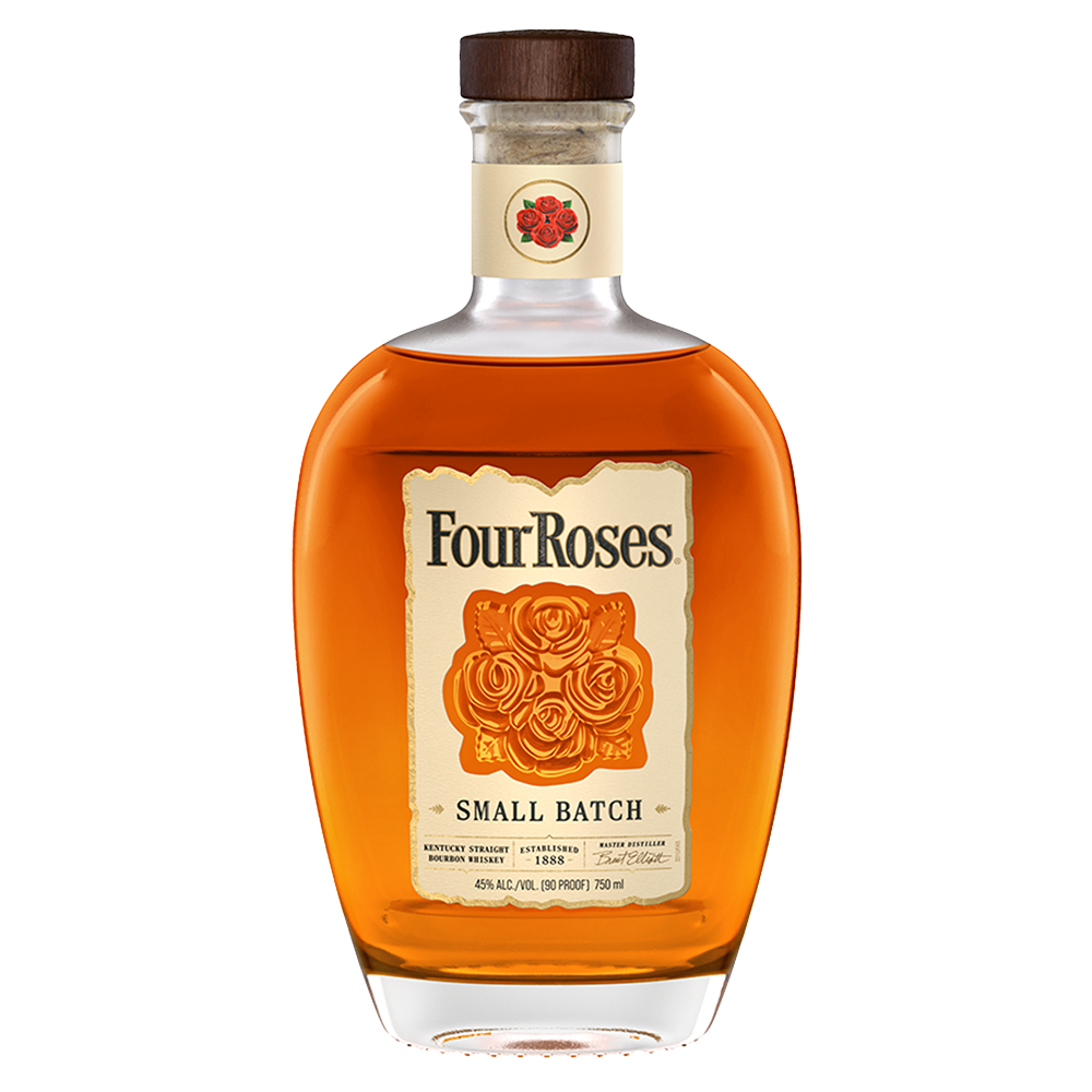 A bottle of Four Roses Small Batch Kentucky Straight Bourbon Whiskey, featuring a wooden cap, a cream label, and an orange rose design on the front, filled with rich amber liquid.