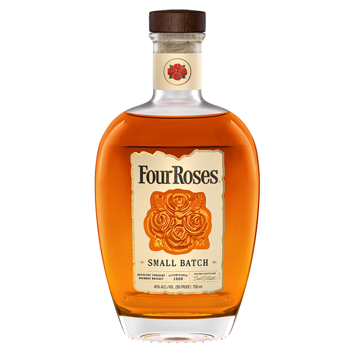 A bottle of Four Roses Small Batch Kentucky Straight Bourbon Whiskey, featuring a wooden cap, a cream label, and an orange rose design on the front, filled with rich amber liquid.
