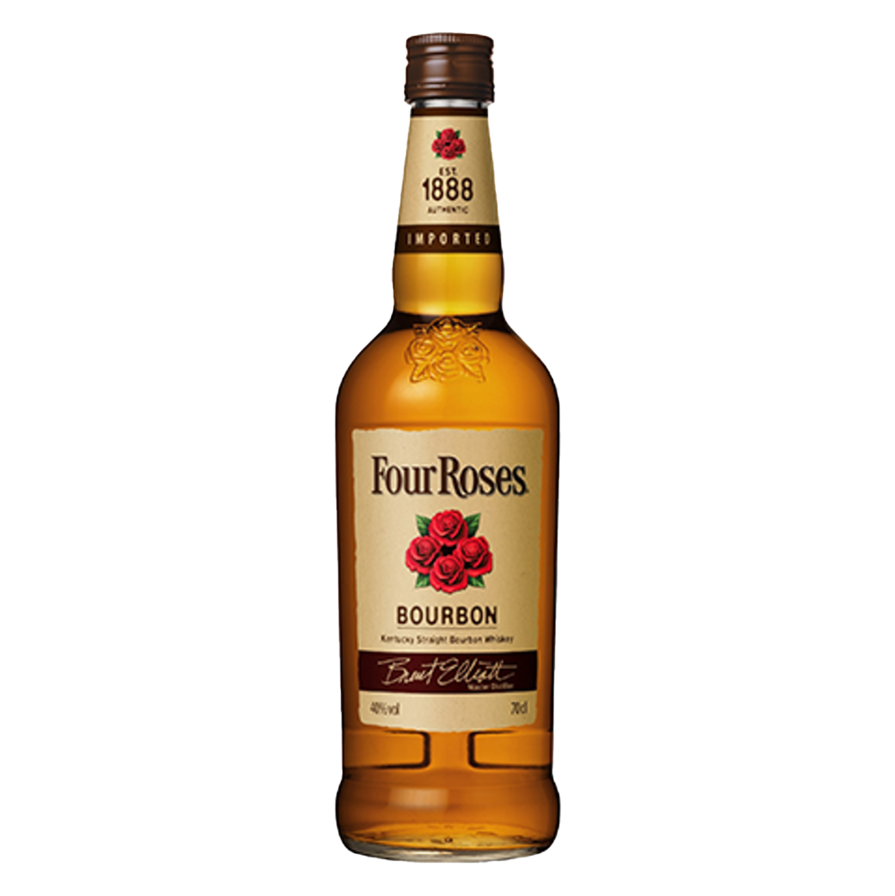 A 700ml bottle of Four Roses Kentucky Straight Bourbon Whiskey, 40% ABV, featuring a brown cap and a label with red roses.