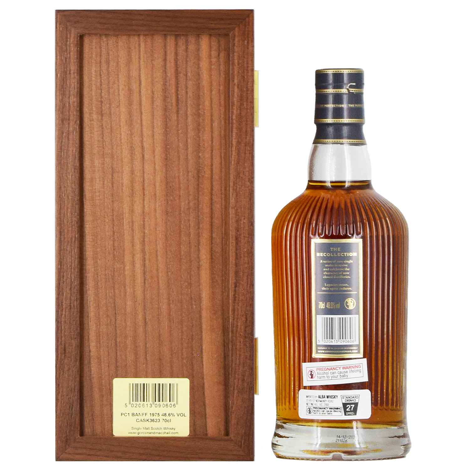 A bottle of Gordon & MacPhail Banff 1975 46 Year Old Single Malt Scotch Whisky 700ml with a gold and black label stands by an open wooden box, its collectible amber liquid showcased with a gold seal and neck strip.