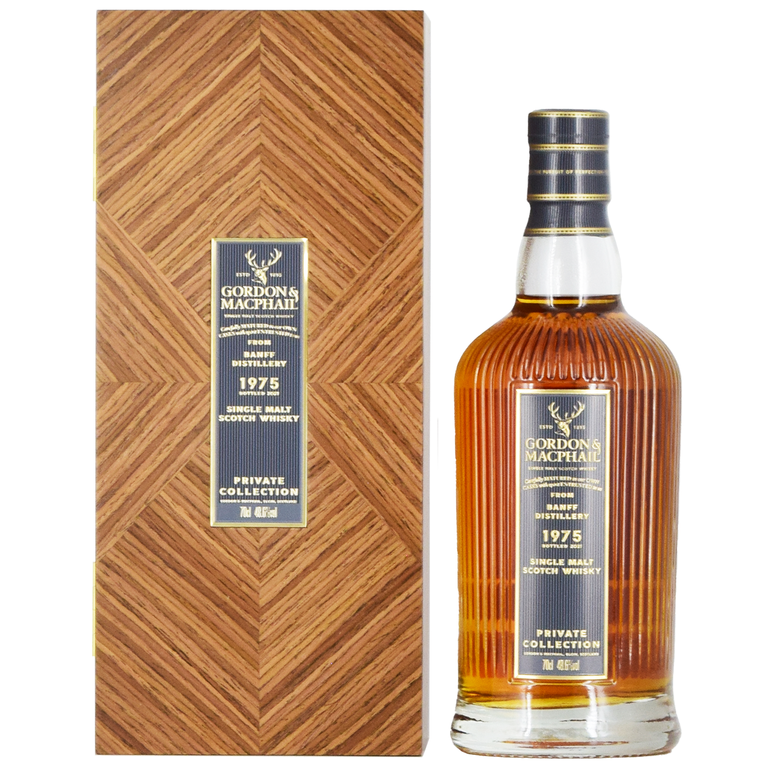 A bottle of Gordon & MacPhail Banff 1975 46 Year Old Single Malt Scotch Whisky 700ml stands beside a matching box, both adorned with elegant gold and black labels.