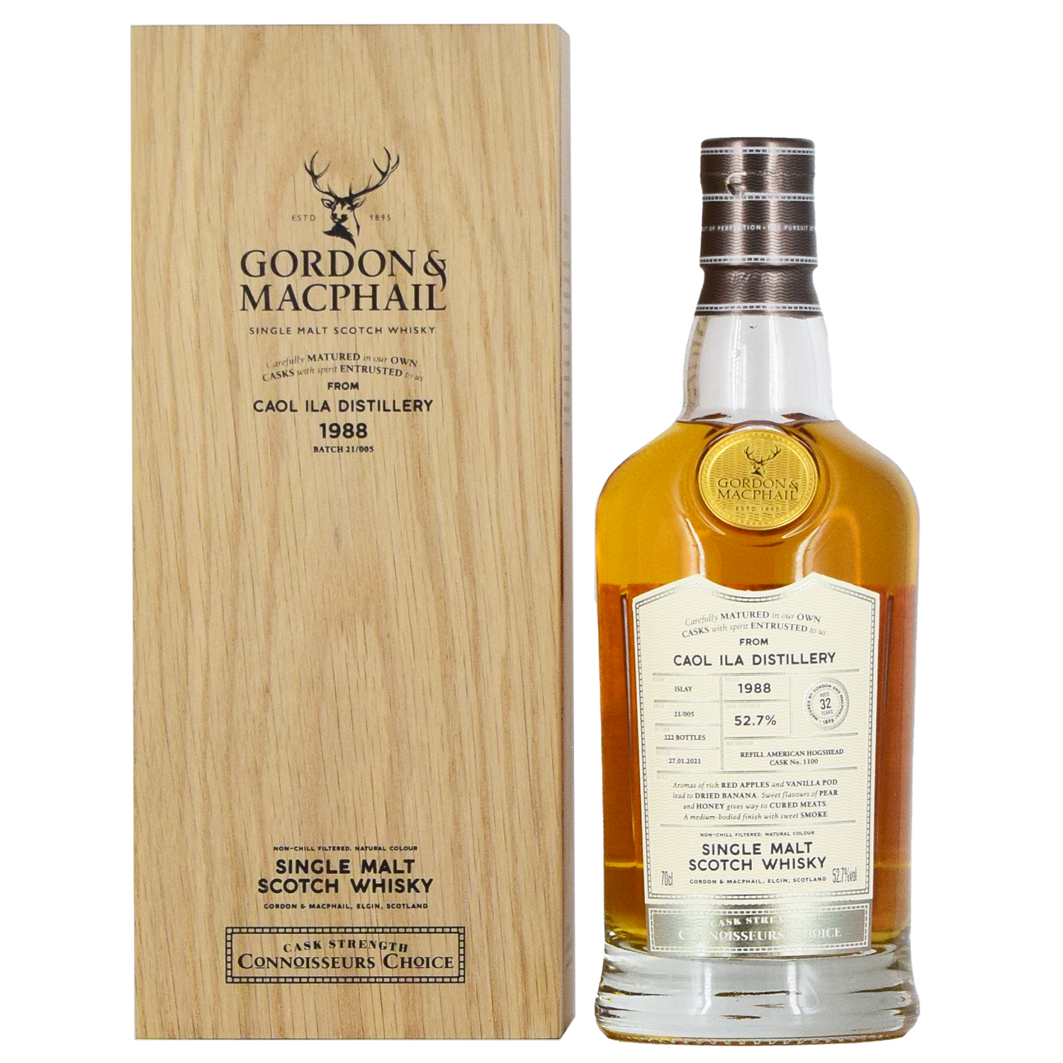 A bottle of Gordon & Macphail Caol Ila 1988 32 Year Old Single Malt Scotch Whisky sits beside its wooden box, both adorned with elegant labels and refined branding.
