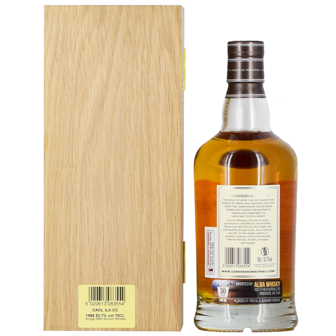A bottle of Gordon & MacPhail Caol Ila 1988 32 Year Old Single Malt Scotch Whisky with a brown cap and gold label stands beside a closed wooden box, both shown from the back with labels and barcodes visible.