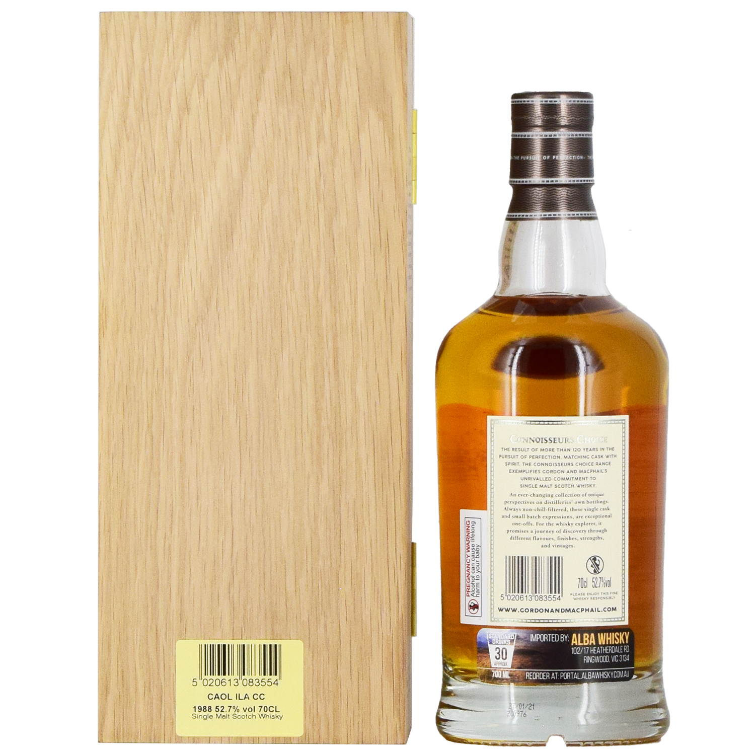 A bottle of Gordon & MacPhail Caol Ila 1988 32 Year Old Single Malt Scotch Whisky with a brown cap and gold label stands beside a closed wooden box, both shown from the back with labels and barcodes visible.