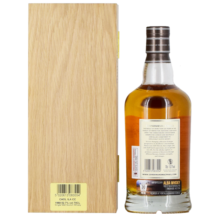A bottle of Gordon & MacPhail Caol Ila 1988 32 Year Old Single Malt Scotch Whisky with a brown cap and gold label stands beside a closed wooden box, both shown from the back with labels and barcodes visible.