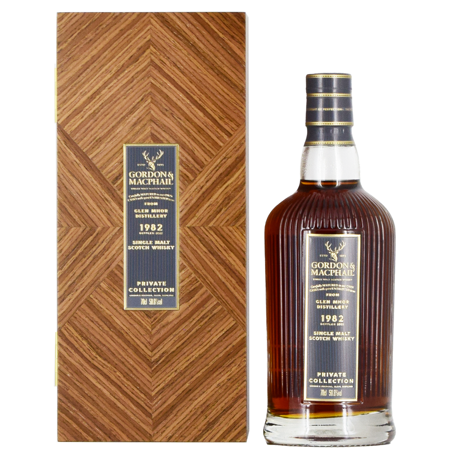 A bottle of Gordon & MacPhail Glen Mhor 1982 40 Year Old Single Malt Scotch Whisky 700ml stands beside its wood-patterned box, both adorned with gold and navy labels—a rare collector's item.