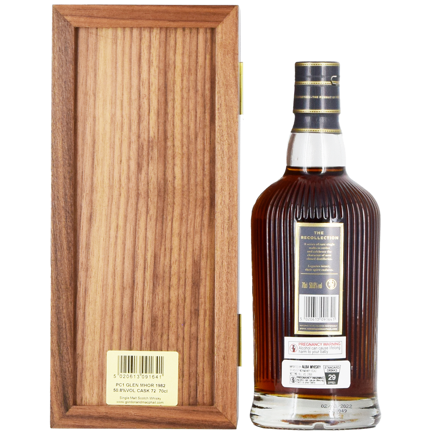A bottle of Gordon & MacPhail Glen Mhor 1982 40 Year Old Single Malt Scotch Whisky 700ml, with a striped black and gold cap, stands by an upright wooden box; the back label is detailed and accented in gold.