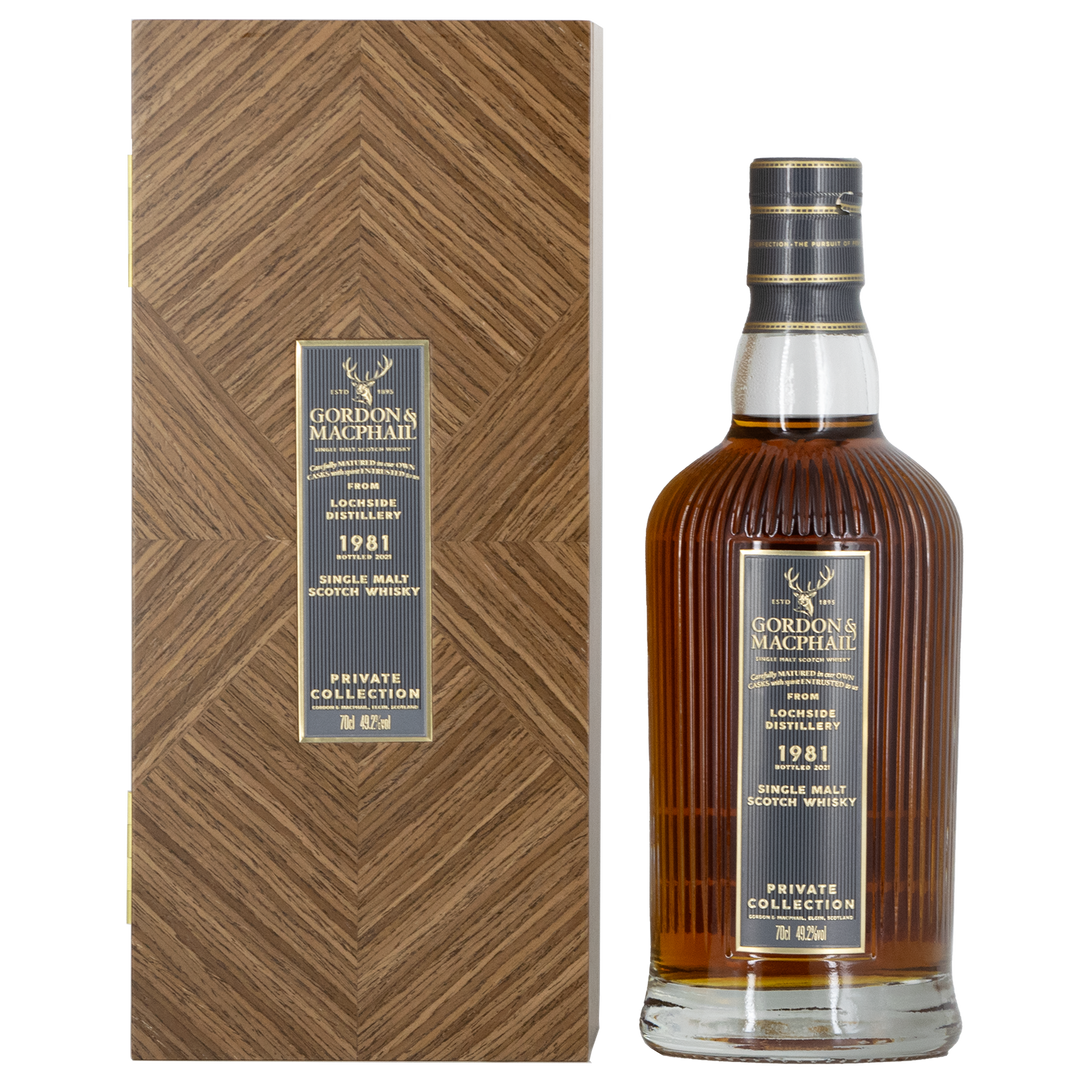 A 700ml bottle of Gordon & MacPhail Lochside 1981 40 Year Old Single Malt Scotch Whisky stands next to its brown box, both featuring elegant gold and black label details.