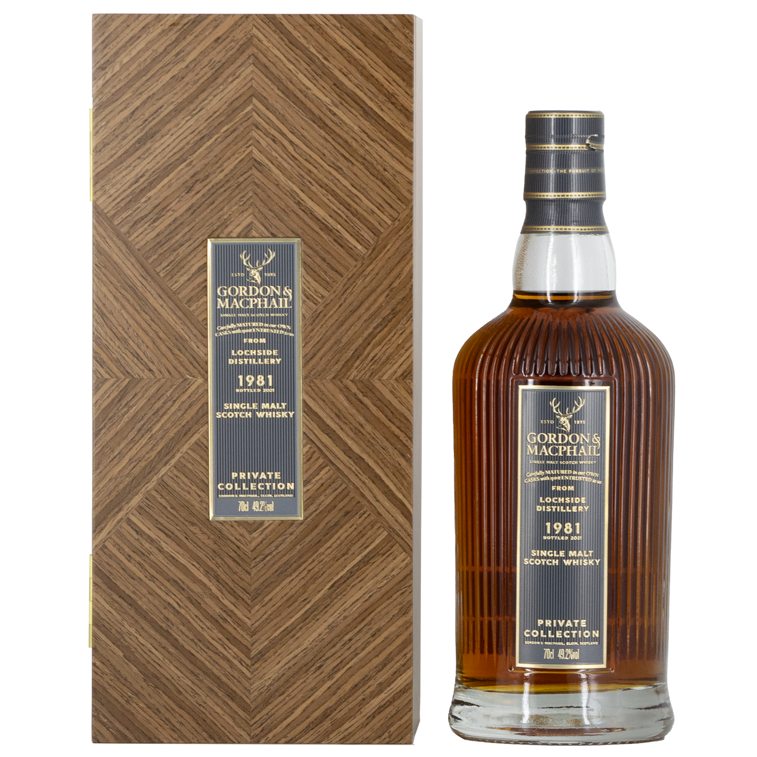 A 700ml bottle of Gordon & MacPhail Lochside 1981 40 Year Old Single Malt Scotch Whisky stands next to its brown box, both featuring elegant gold and black label details.