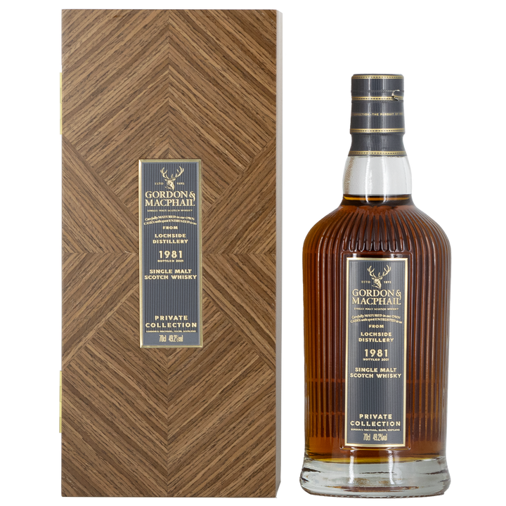 A 700ml bottle of Gordon & MacPhail Lochside 1981 40 Year Old Single Malt Scotch Whisky stands next to its brown box, both featuring elegant gold and black label details.