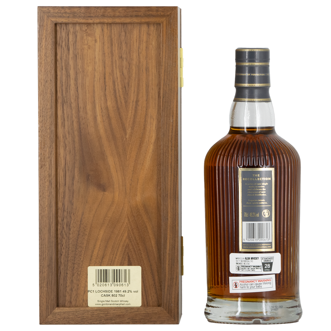 A bottle of Gordon & MacPhail Lochside 1981 40 Year Old Single Malt Scotch Whisky 700ml with a ribbed glass design and black and gold label stands beside a closed wooden box with a barcode label, highlighting its single cask Scotch legacy.