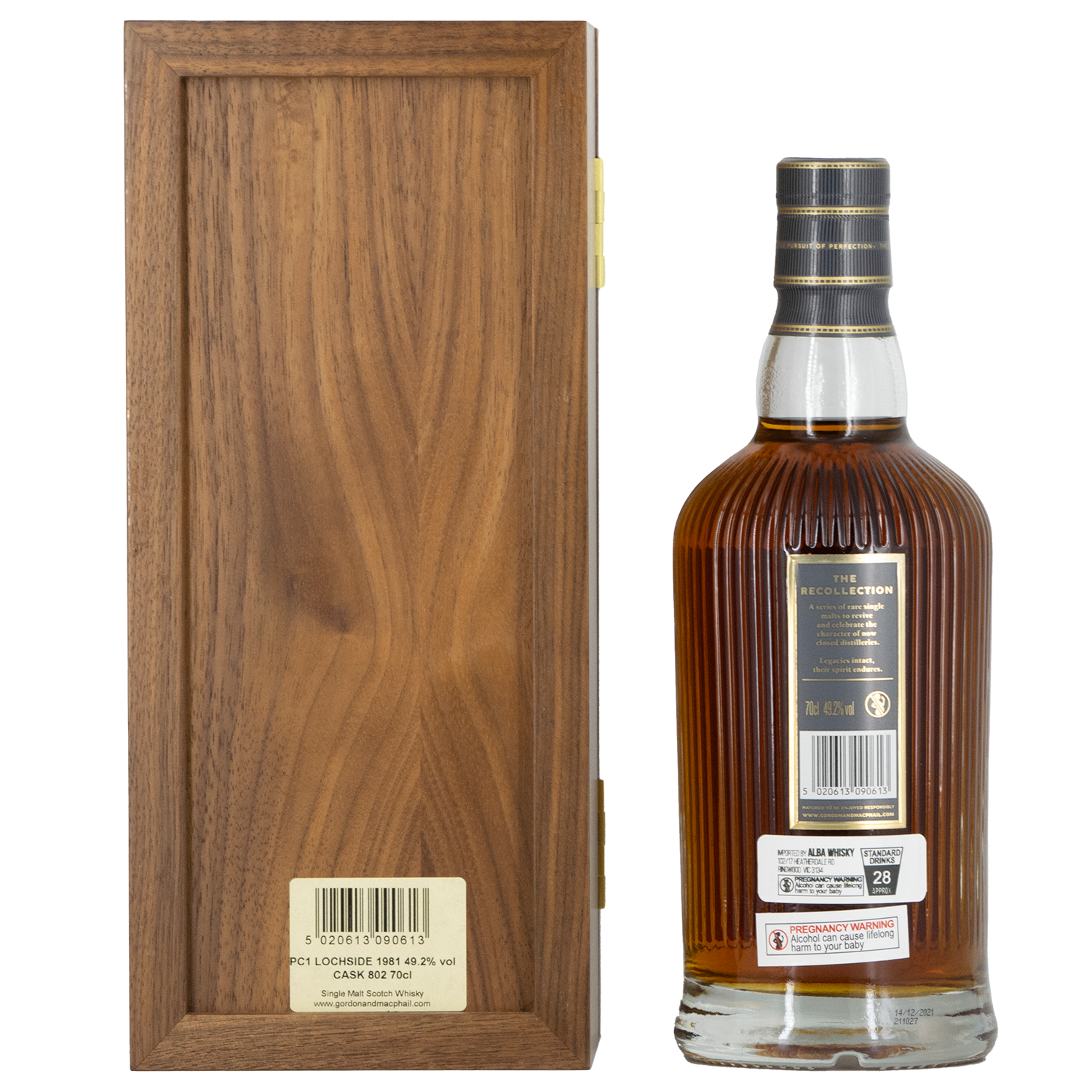 A bottle of Gordon & MacPhail Lochside 1981 40 Year Old Single Malt Scotch Whisky 700ml with a ribbed glass design and black and gold label stands beside a closed wooden box with a barcode label, highlighting its single cask Scotch legacy.