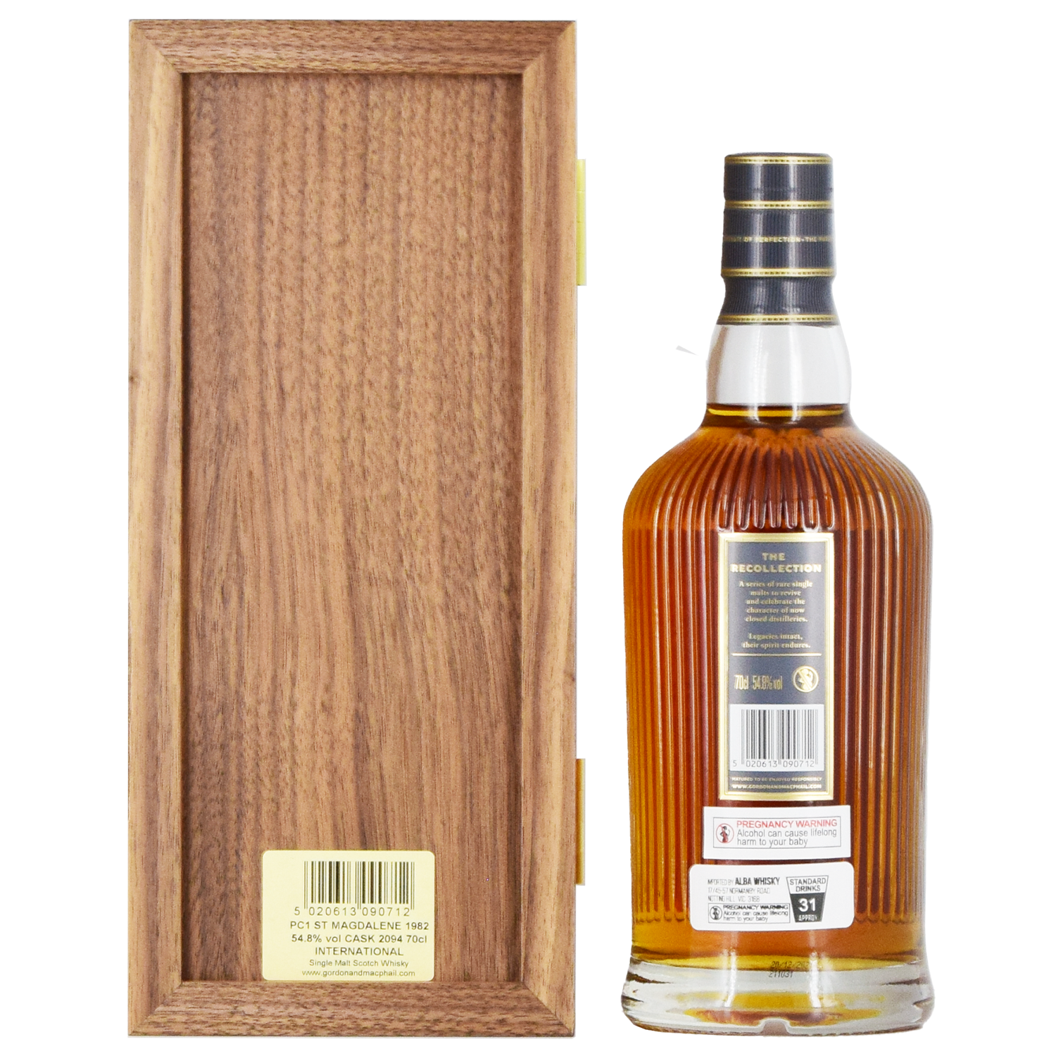 A bottle of Gordon & MacPhail St. Magdalene 1982 39 Year Old Single Malt Scotch Whisky 700ml with a black and gold striped cap stands upright next to its wooden box, product details visible on the back label, against a white background.