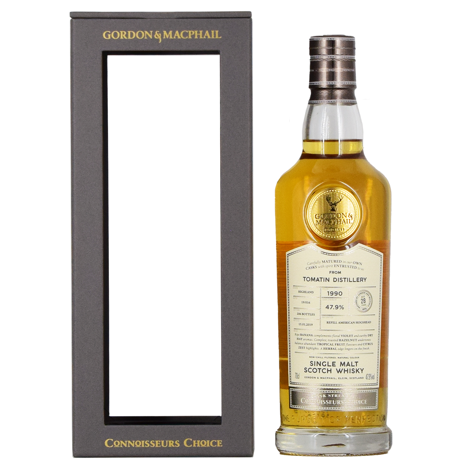 A bottle of Gordon & MacPhail Tomatin 1990 28 Year Old Single Malt Scotch Whisky 700ml stands beside its black and gold rectangular box with an open front.