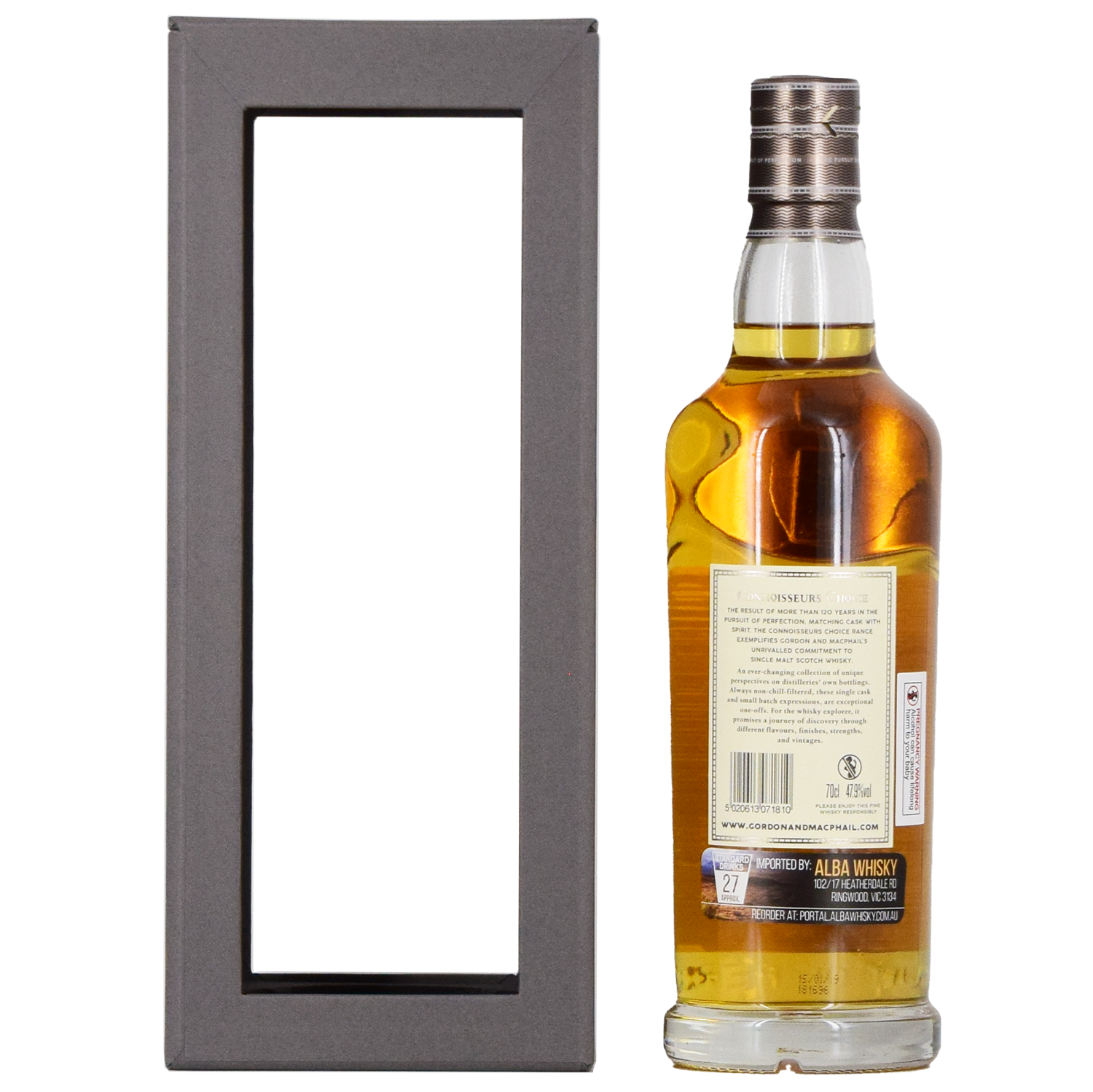 A bottle of Gordon & MacPhail Tomatin 1990 28 Year Old Single Malt Scotch Whisky 700ml with a silver cap stands beside a black gift box with a large transparent window, showing the whisky label and the back of the box.