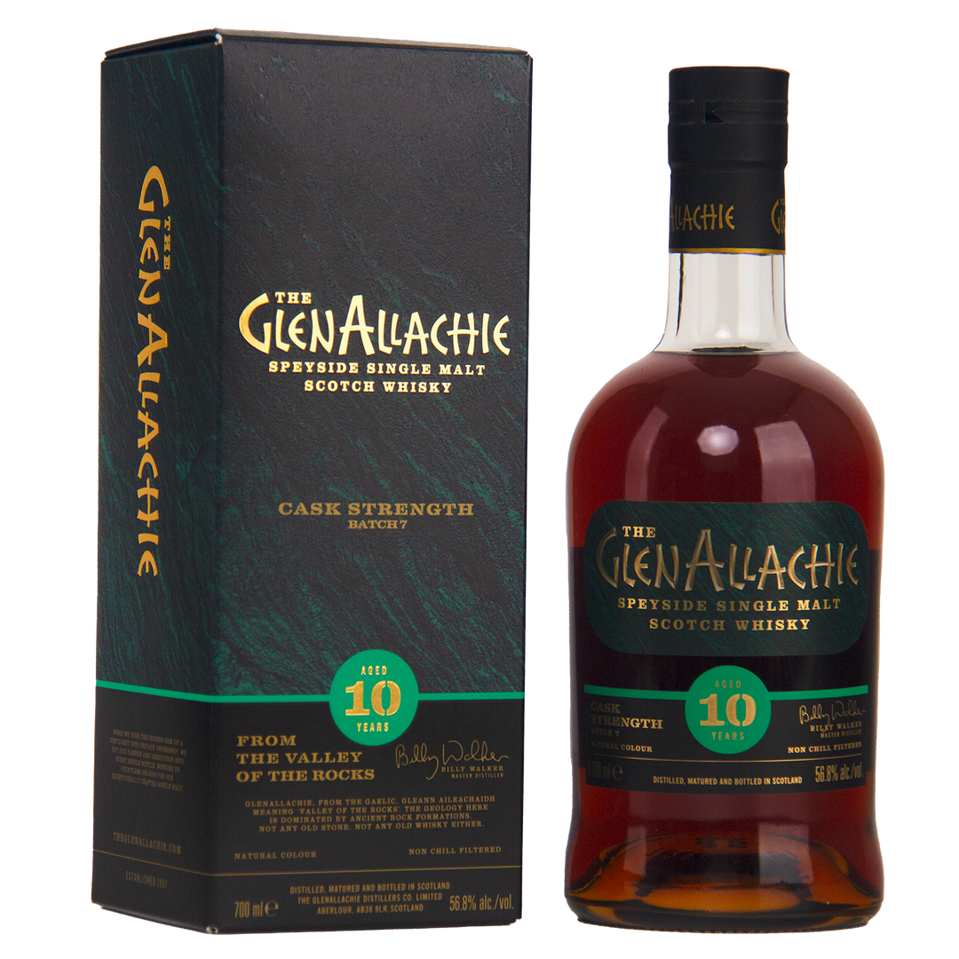 A bottle of GlenAllachie 10 Year Old Cask Strength Batch 7 Single Malt Whisky stands beside its green and black box, both with gold and teal lettering—a bold limited release from Speyside.