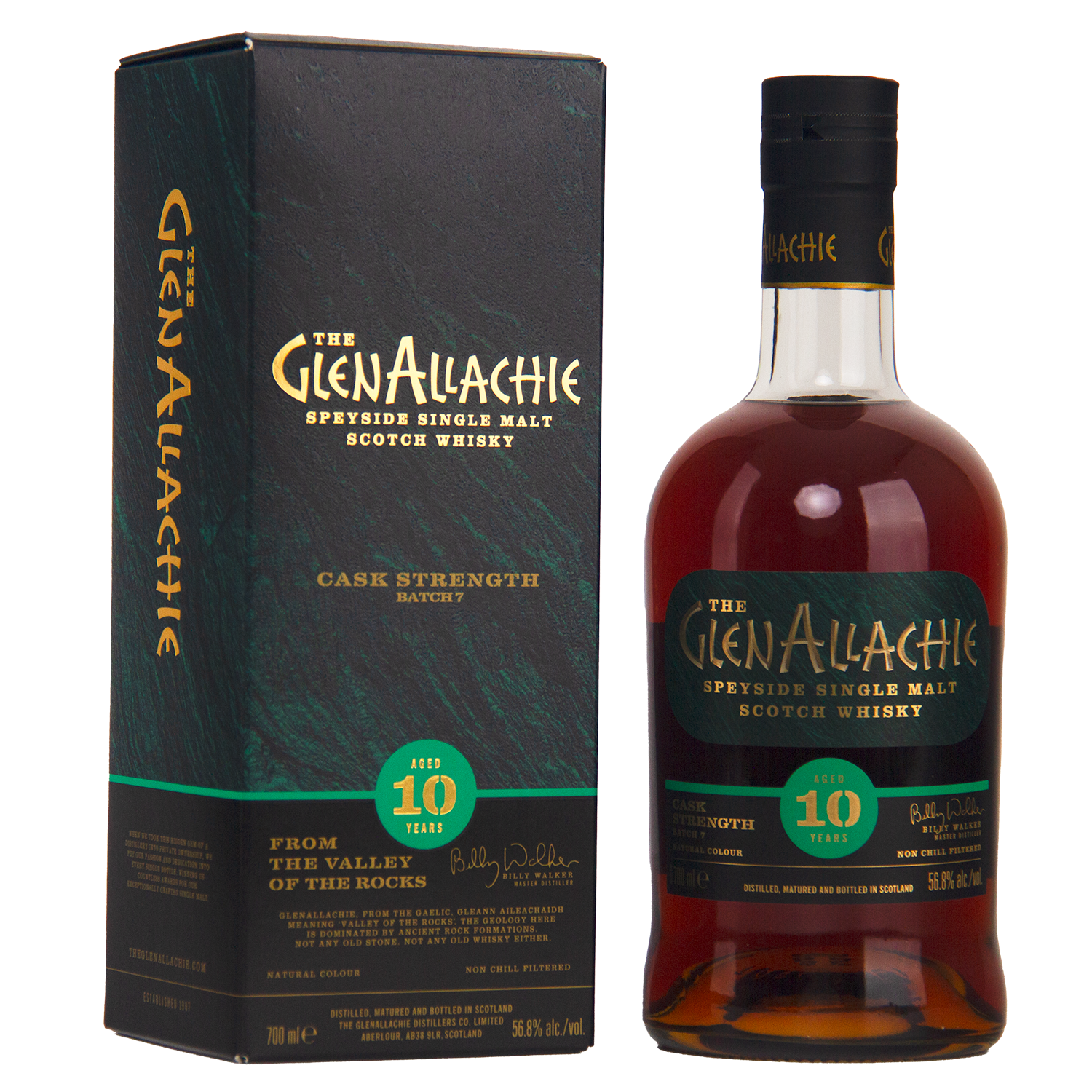 A bottle of GlenAllachie 10 Year Old Cask Strength Batch 7 Single Malt Whisky stands beside its green and black box, both with gold and teal lettering—a bold limited release from Speyside.