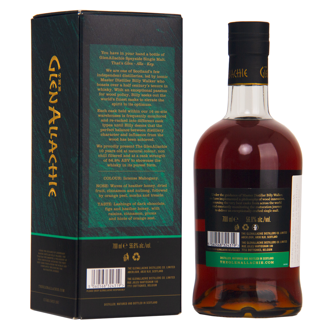 A bottle of GlenAllachie 10 Year Old Cask Strength Batch 7 Single Malt Whisky with dark amber liquid stands next to its green and black box featuring gold text; both items are shown from the back.