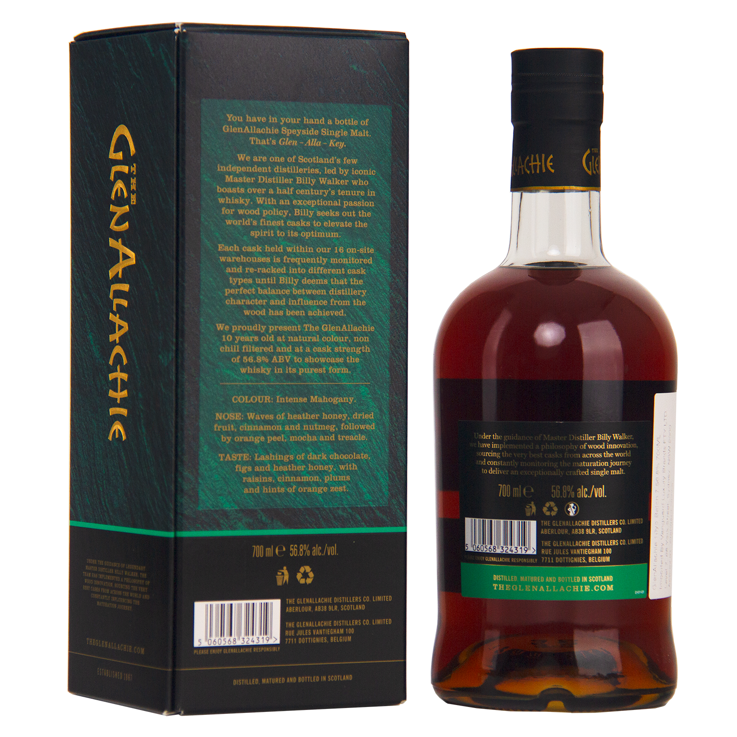 A bottle of GlenAllachie 10 Year Old Cask Strength Batch 7 Single Malt Whisky with dark amber liquid stands next to its green and black box featuring gold text; both items are shown from the back.